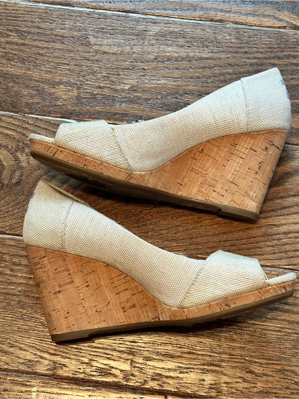 Toms Beige Canvas Cork Wedge Espadrilles - Women
